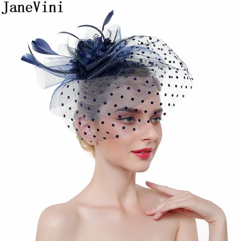 JaneVini ślub Haarschmuck biały Fascinator z kwiatami i piórami kapelusz ślubny z welonem krótki 2021 niebieski kapelusze ślubne dla kobiet elegancki