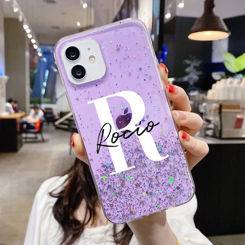 ปรับแต่ง Monogram ชื่อเริ่มต้น Glitter สำหรับ iPhone 14 13 12 11 Pro Max 8 Plus XR XS Max luxury Clear Personalisa ฝาครอบ
