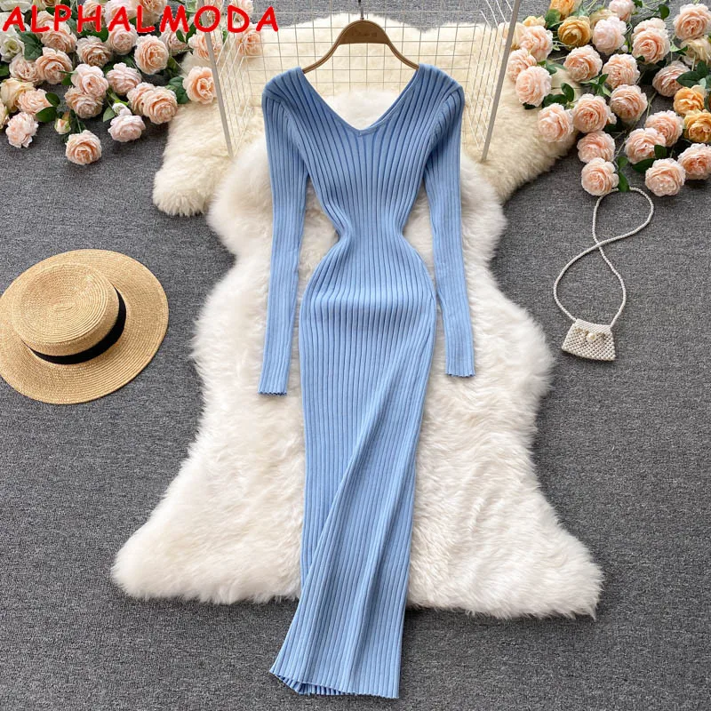 

ALPHALMODA 2021 Winter Vintage Solid Knitted Dress Autumn V-neck Wrap Slim Dress Sexy Ripped Bottomed Sweater Dress