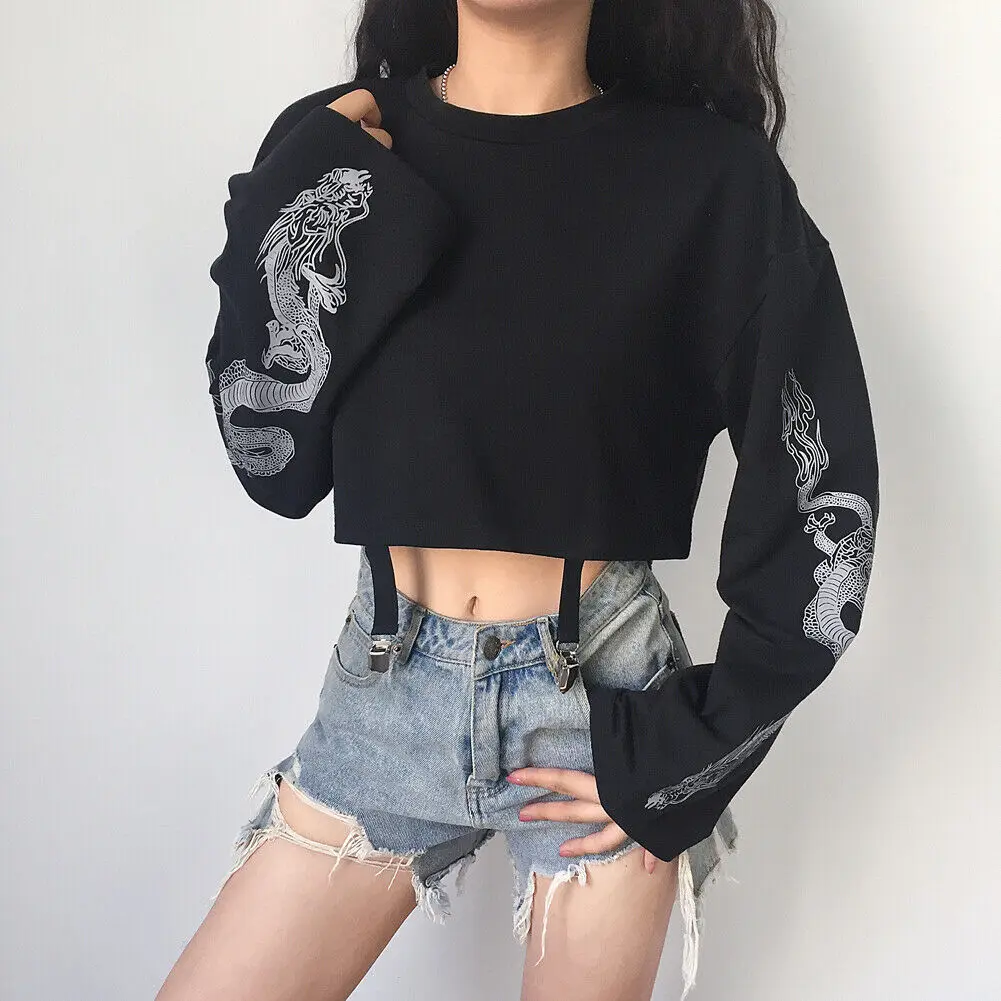 Gothic Punk Cool Girl Dragon Pattern T Shirts Long Sleeve Suspenders Women T-Shirt Crew Neck Black Crop Top Autumn Pullover