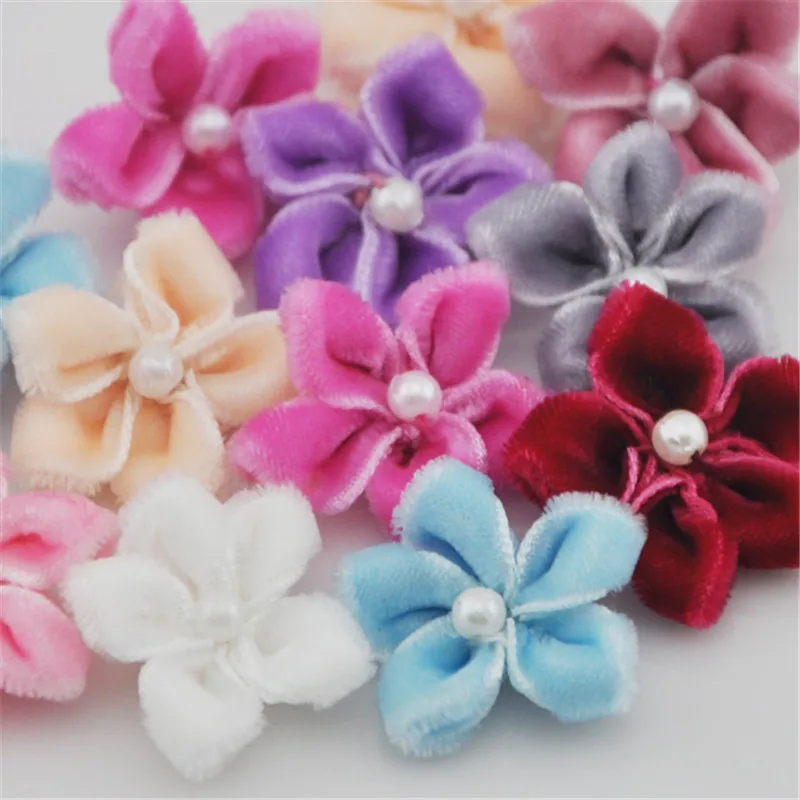 20pcs velet ribbon flowers w/bead appliques wedding decoration sewing crafts B025