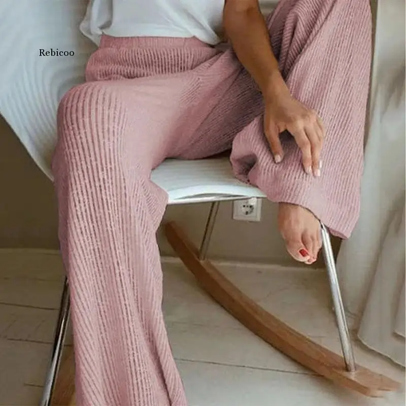 

Winter Autumn Knitted Wide Leg Pants Women Korean Solid Pit Long Trousers Elastic Lace Up Pants Sweatpants