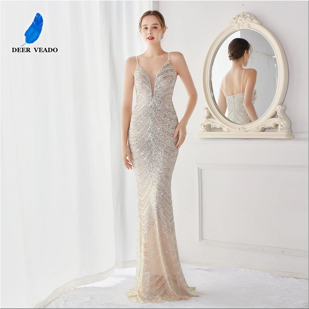 

DEERVEADO K19096 Sexy V Neck Mermaid Prom Dresses Long Luxury Sequins Women Evening Party Dress Prom Gown Maxi Dress