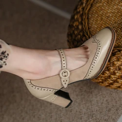 Women pumps natural leather shoes 22-25cm length Brogues shoes Cowhide + sheep suede Mary Jane shoes heels for women