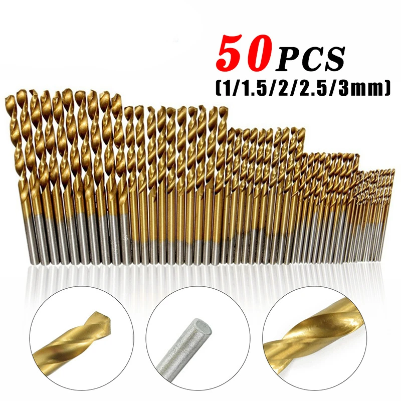 50Pcs Titanium Coated Drill Bits HSS High Speed Steel Drill Bits Set Tool High Quality Power Tools 1/1.5/2/2.5/3mm