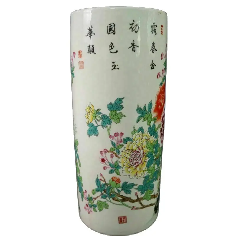 Chinese Old Porcelain Pastel Flower Pattern Large Pen Holder Vase