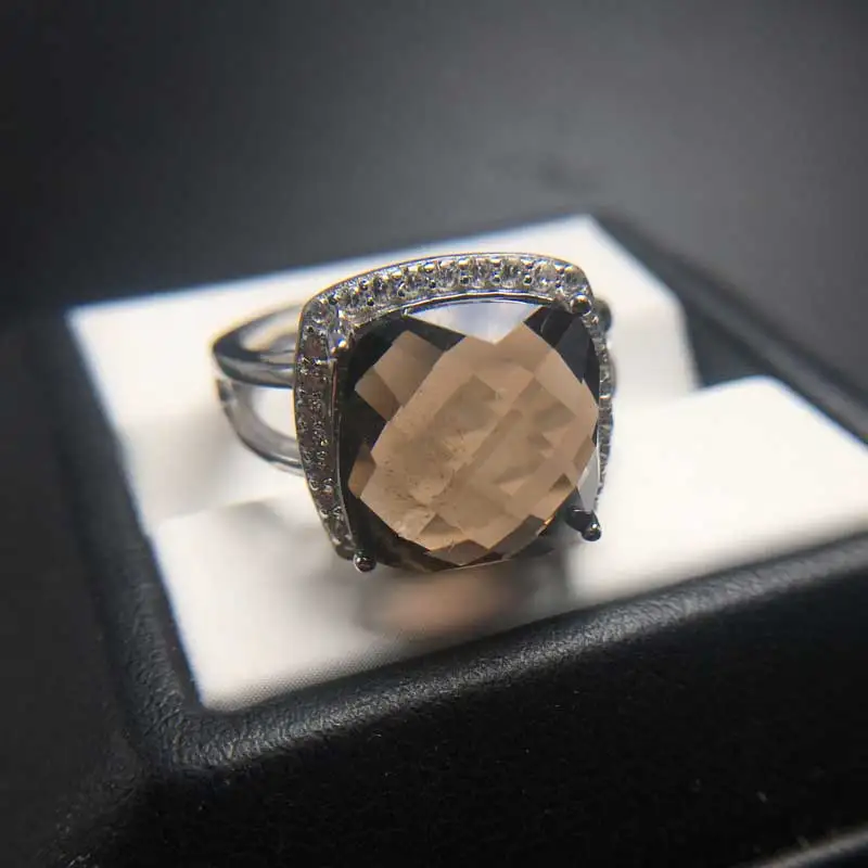 CSJ 100% Natural Smoky Quartz Rings Sterling 925 Silver Cushion Cut 12mm Fine Jewelry Women Femme Wedding Engagement Party Gift