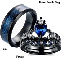 Fashion Couple Ring Blue Zircon Men Stainless Steel Ring Women Wedding Band Bridal Jewelry Valentine Day Gift