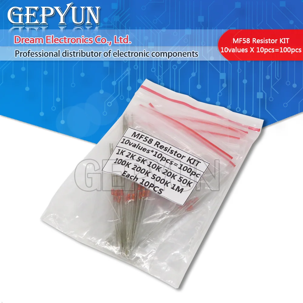 100pcs=10value*10pcs NTC Thermistor Resistor Kit NTC-MF58 1K 2K 5K 10K 20K 50K 100K 200K 500K 1M +/-5% 3950B