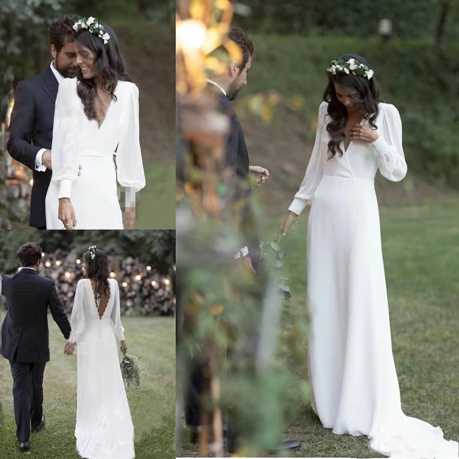 Gaun Pengantin Pantai Garis A Sifon Putih 2019 dengan Gaun Pengantin Taman Boho Punggung Terbuka Leher V Lengan Panjang Pernikahan Panjang Hingga Ke Lantai