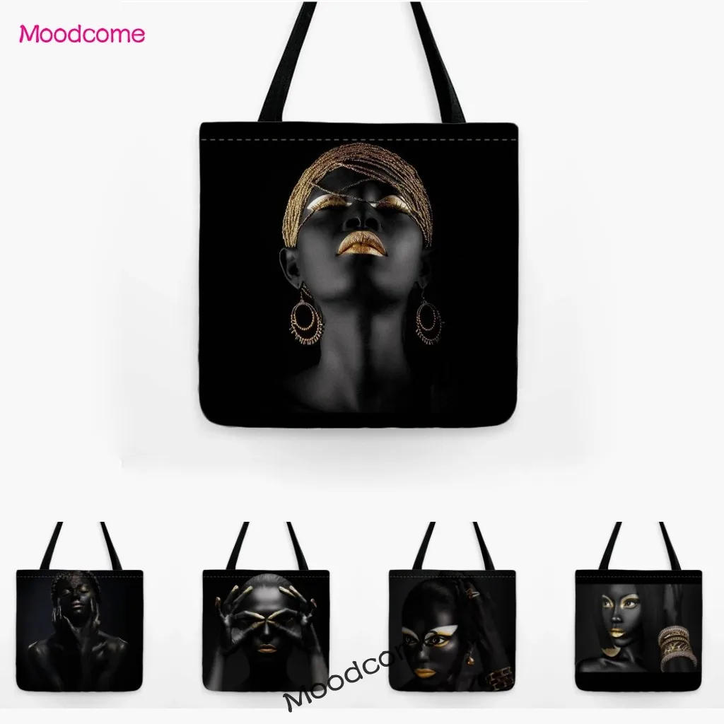 Black Elegant Fashion African Woman Girl Princess Luxury Water Resistant Cotton Linen Shopping Bag  Shoulder Bag Large Tote Bag