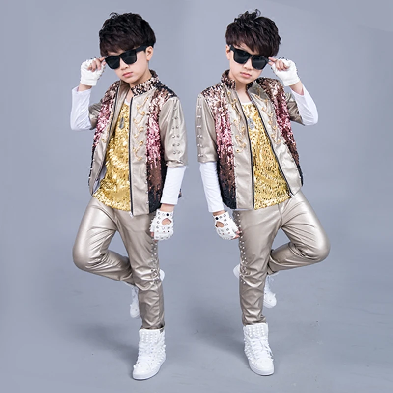 Jazz Costumes Mid Sleeve Sequin Jacket Boys Street Dance Stage Outfit Kids Hip Hop Clothes Child Drum Performance Wear DNV11840