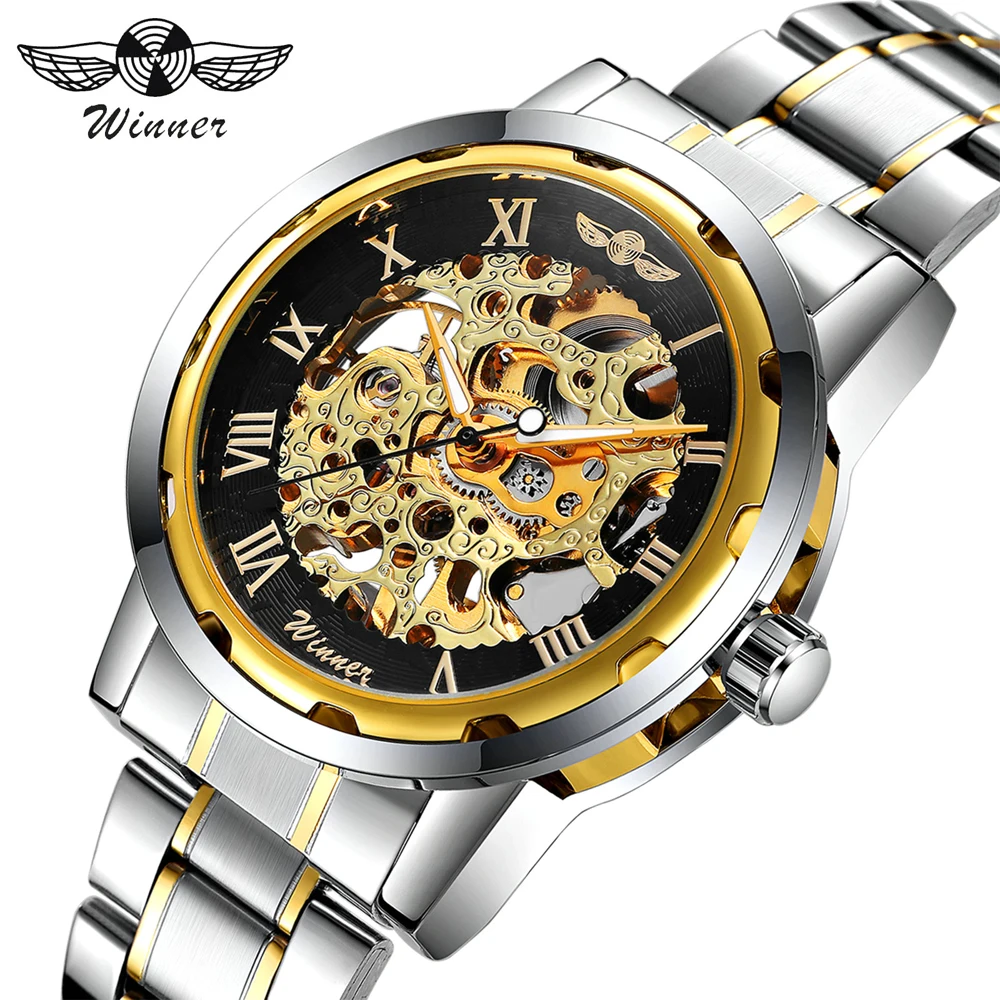 ใหม่2020 Top แบรนด์หรูผู้ชนะนาฬิกาเรือนสีทอง Mens Skeleton Mechanical นาฬิกาข้อมือสแตนเลสนาฬิกาข้อมือ Classic สี