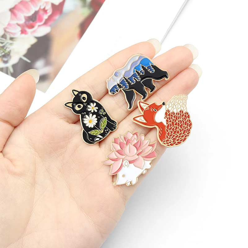 Landscape Flower Tattoo Animals Enamel Pin Hedgehog Fox Bear Cat Lapel Badges Cartoon Pins Gifts for Friends Jewelry Wholesale