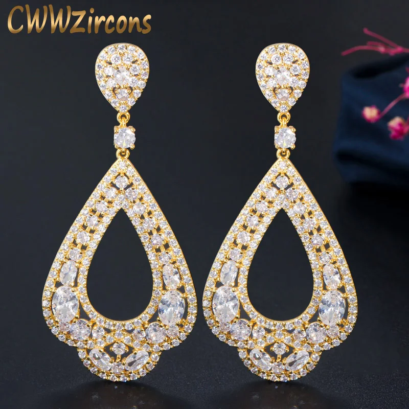 CWWZircons Full Micro Paved CZ Crystal Gold Color Large Long Circle Hoop Earrings For Women Wedding Dancing Party Jewelry CZ147