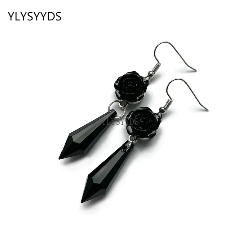 Gothic Black Rose Earrings with Black Teardrop Beads Vintage Victorian Style Wedding Bride Bridesmaid Gift Romantic Valentines