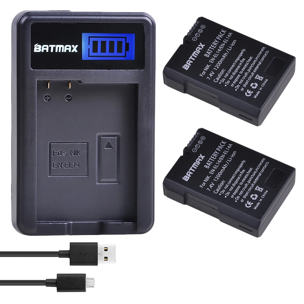 Batmax EN-EL14 EN-EL14A EL14 Battery+LCD USB Charger for Nikon D3100 D3200 D3300 D3400 D3500 D5600 D5100 D5200 P7000