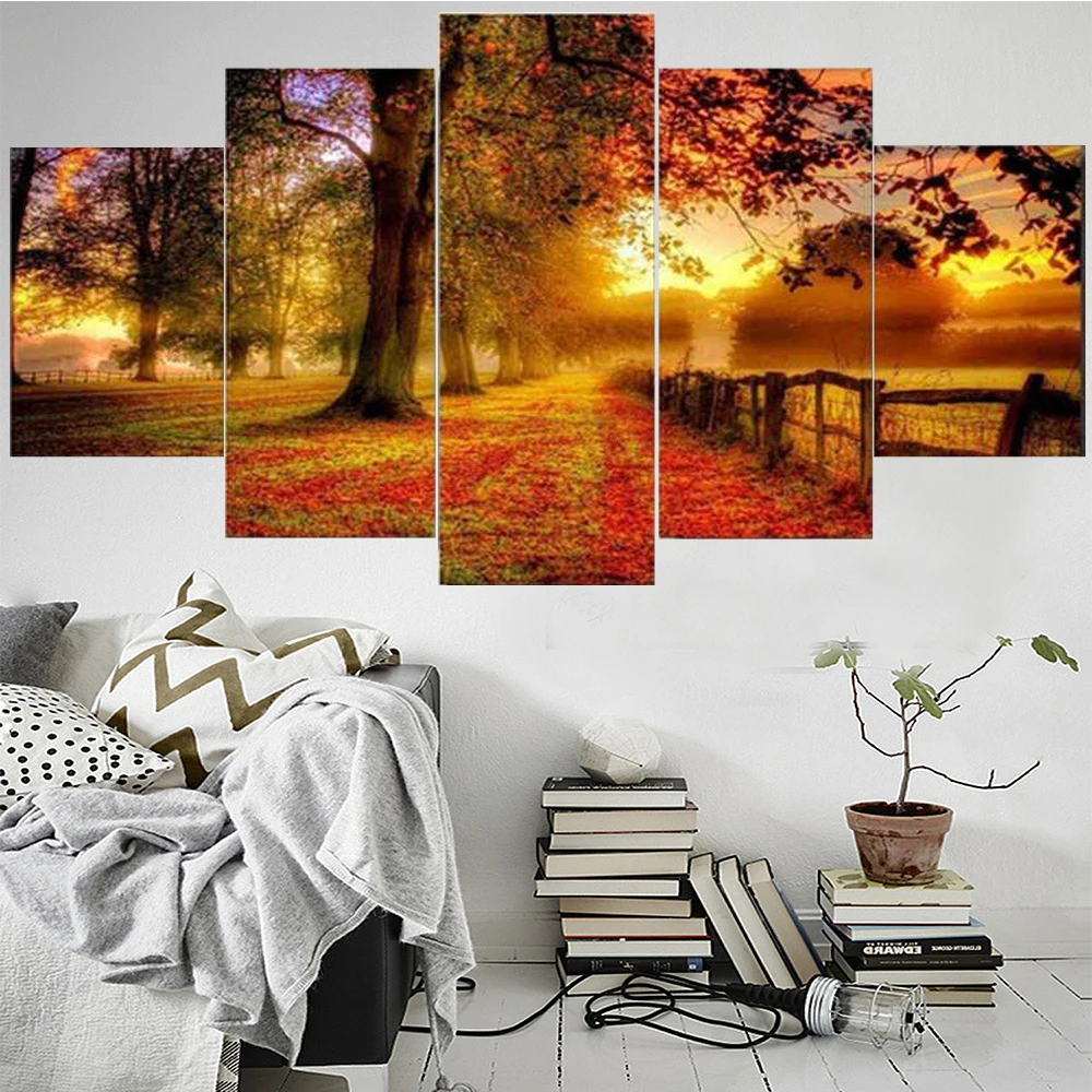 

5 Pieces Wall Art Canvas Painting Landscape Poster Forest Under Sunset Modern Living Room Wall Painting For Home Decoration