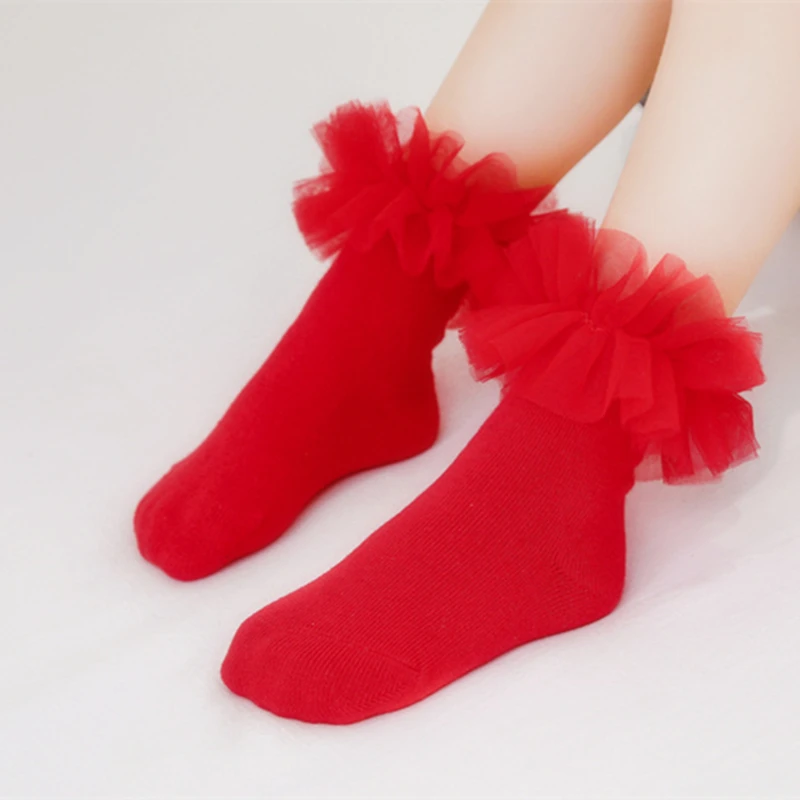 Calcetines de encaje con volantes para niñas pequeñas, medias de princesa, algodón suave, malla hinchada, flor, rojo, blanco