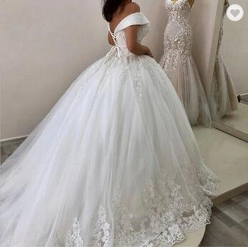 Princess Wedding Dress Crystal Beaded Off Shoulder Lace Appliques Corset Plus Size Ivory Wedding Gown For Bride