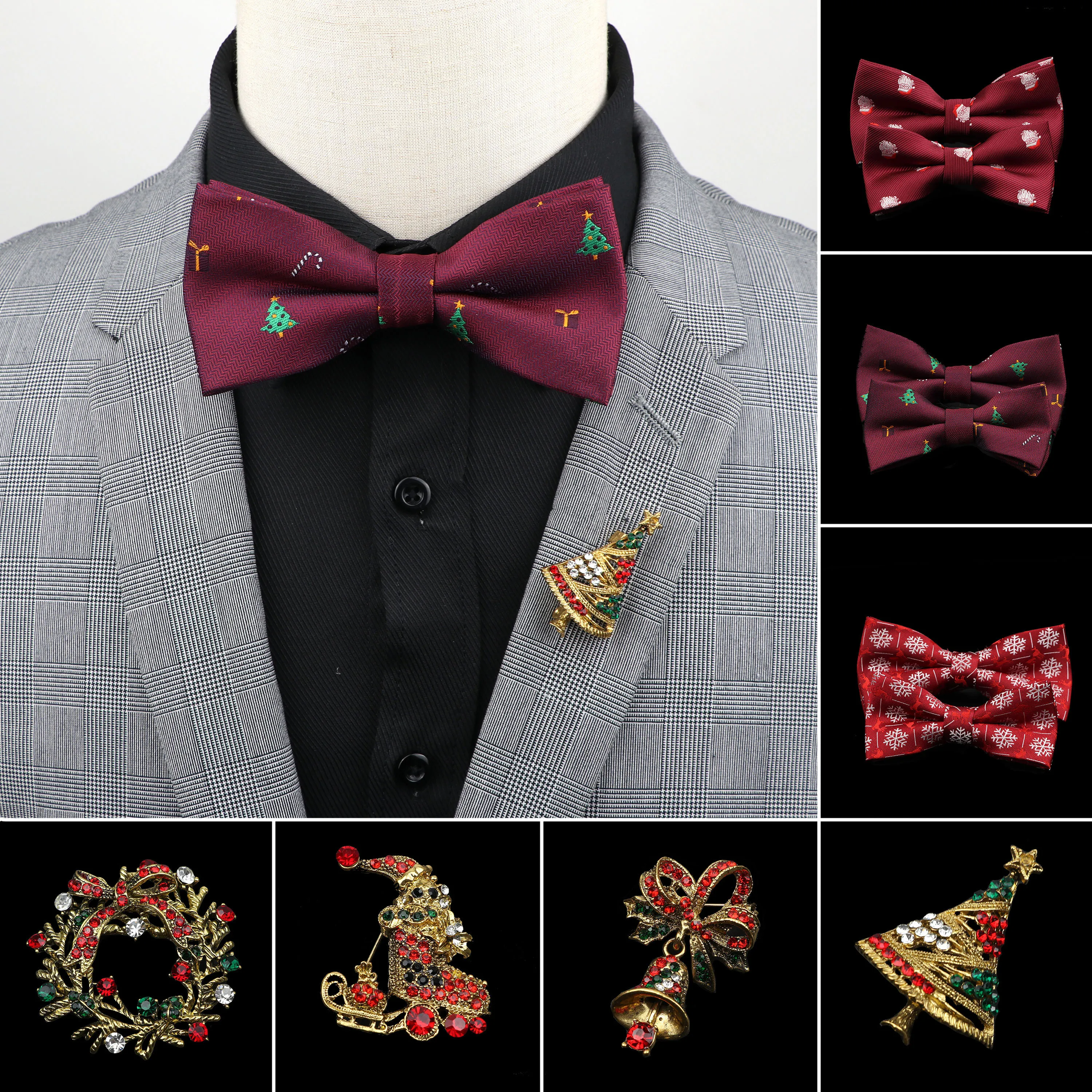 Christmas Parent-Child Bowtie Set Xmas Tree Elk Pattern Brooch Novelty Santa Claus Snowflake Slim Necktie Festival Theme Gift