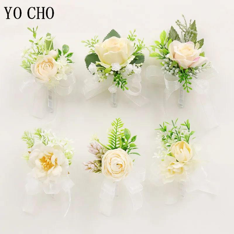 YO CHO Silk Rose แต่งงาน Corsages และ Boutonnieres เจ้าบ่าว Boutonniere Buttonhole Man แต่งงาน Corsage สร้อยข้อมือดอกไม้