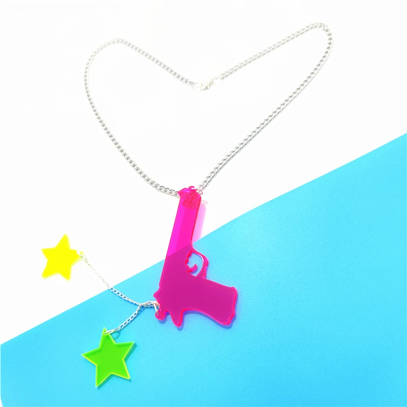 Gun And Stars Super Long Pendant Necklace for Women Men Tassel Silver Color Link Chain Hot Pink Green Punk Rock Acrylic Jewelry