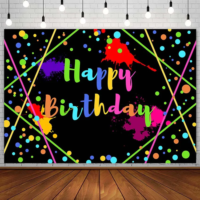 

Happy Birthday Party Backdrop Laser Graffiti Neon Colorful Dots Black Photography Background Photo Studio Photozone Decor Props