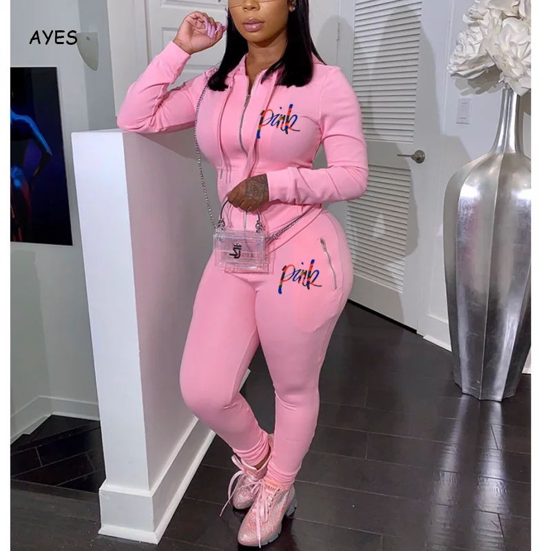 Two Piece Sets Womens Outi Pink Letter Tracksuit Sweatsuits Long Sleeve Jacket Top Pants Suit Femme Lady Sportswear Leisure Suit