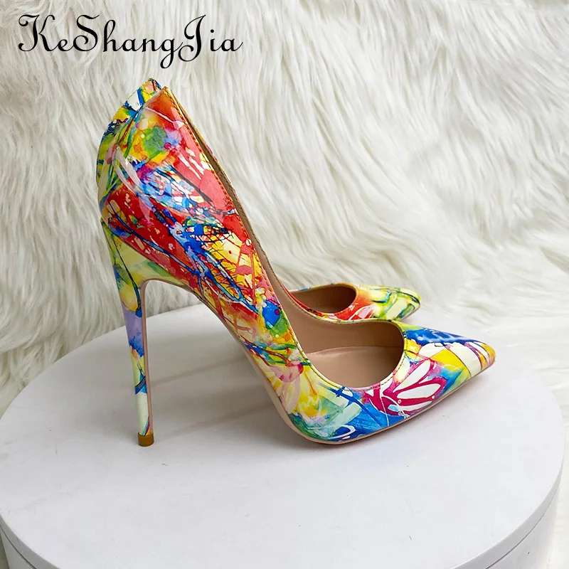 Keshangjia Fashion design feeling graffiti lady pointed high-heeled shoes sexy fine with 12 cm peep-toe party dress shoes