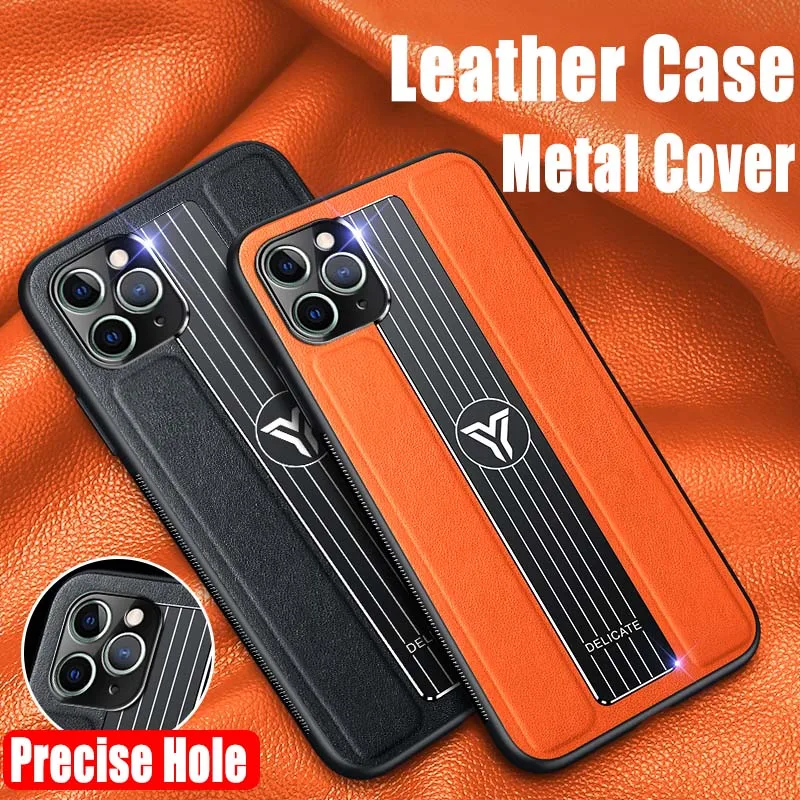 Metal Back Magnetic Leather Cover Phone Case for iPhone XR 11 Pro Max 12 SE 2020 7 8 Plus XSMAX,Soft Case with Camera Protection