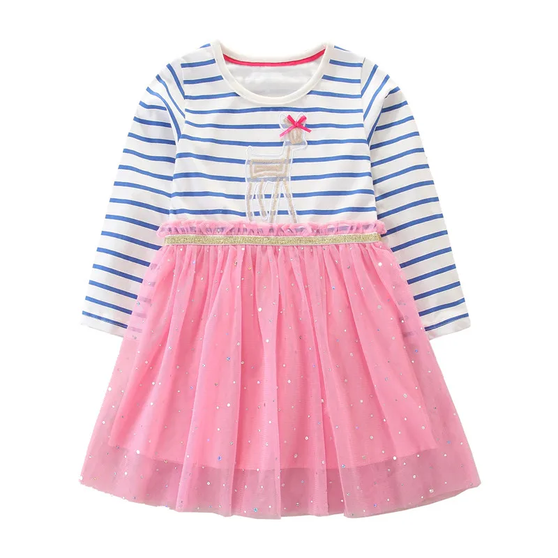 

Jumping Meters Long Sleeve Stripe Animals Party Dresses For Autumn Spring Children's Girls Clothes Cotton Hot Selling Dress