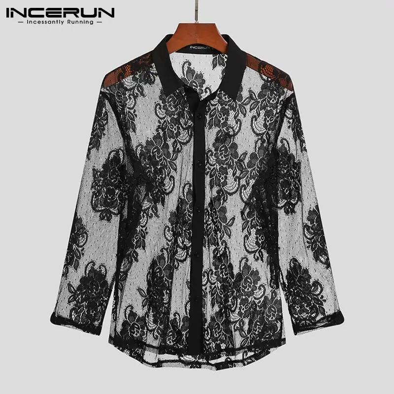 Men Mesh Shirt Lace Lapel Long Sleeve 2023 Transparent Streetwear Sexy Camisas Fashion Party Nightclub Shirts Men S-5XL INCERUN