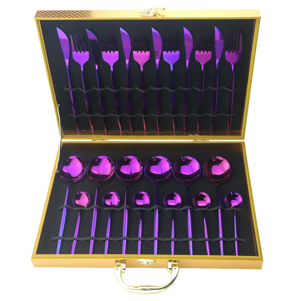 24Pcs Purple Dinnerware Set Knife Fork Spoon Cutlery Set 304 Stainless Steel Mirror Tableware Set Party Kitchen With Gift Box