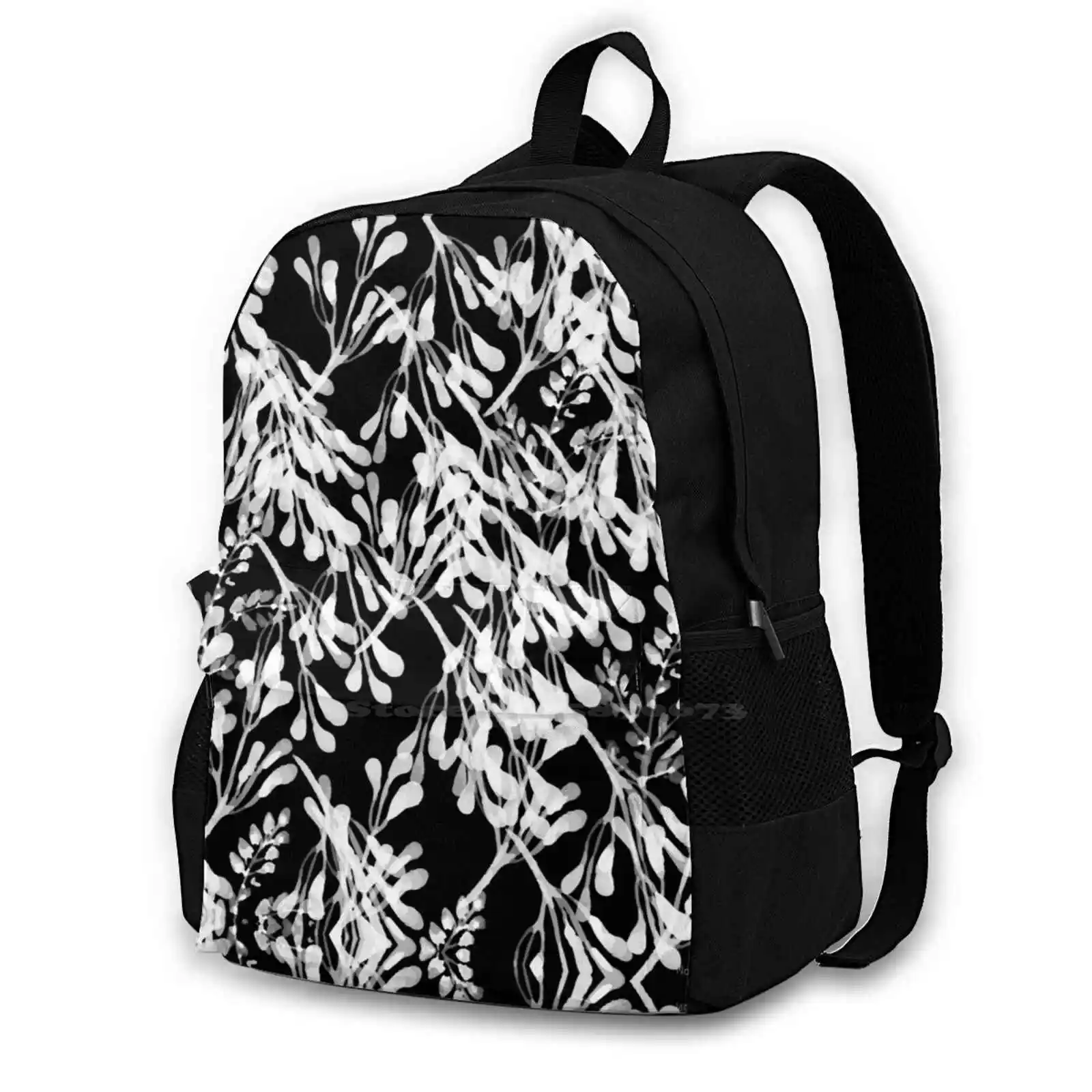 Black And White Bag Backpack For Men Women Girls Teenage Black Floral Flower Hibiscus Bloom Black And White Pattern Patterns