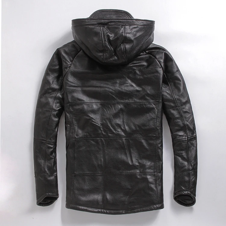 Men's genuine cow leather coat cotton padded casual jacket parkas with a hood hat black for male plus big size xxxxxl 4xl 5xl