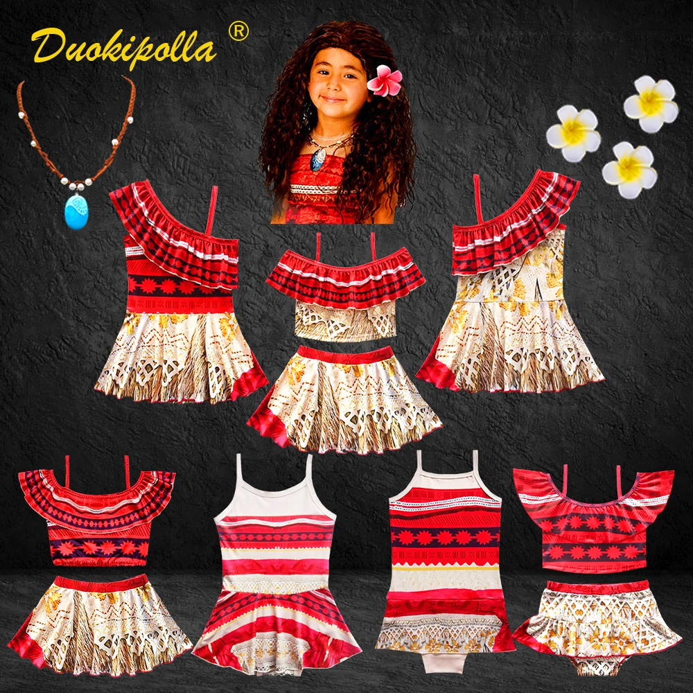 

Halloween Moana Costume Girls Fancy Fairy Bikini Ruffle Swimsuit One-piece Suit Princess Dress Up Kids Black Curly Wig Cosplay