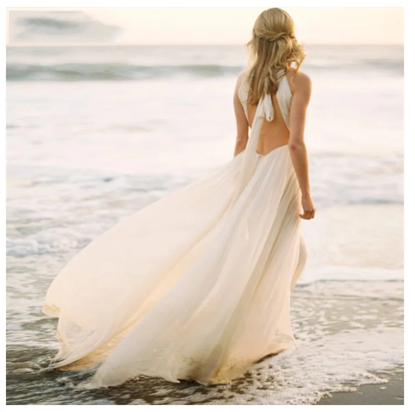 Sexy Boho Wedding Dress 2021 Halter A Line Chiffon Long Backless Beach Bridal Gown Robe De Mariage