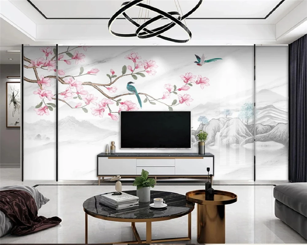 beibehang Customized new personality wall paper Chinese jazz white marble landscape magnolia bird TV background wallpaper
