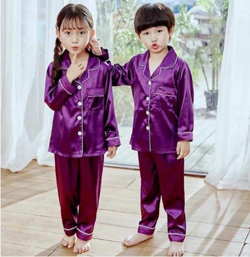 New Button-Down Spring Autumn Children Satin Pajamas Sets Kids Girls Solid Silk Long Sleeve 2 Pieces Tops+Pants Sleepwear Pyjama