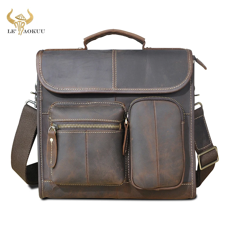 Crazy Horse Natural Leather Male Designer Casual Messenger Crossbody bag Fashion Mochila Satchel University School Book bag 202