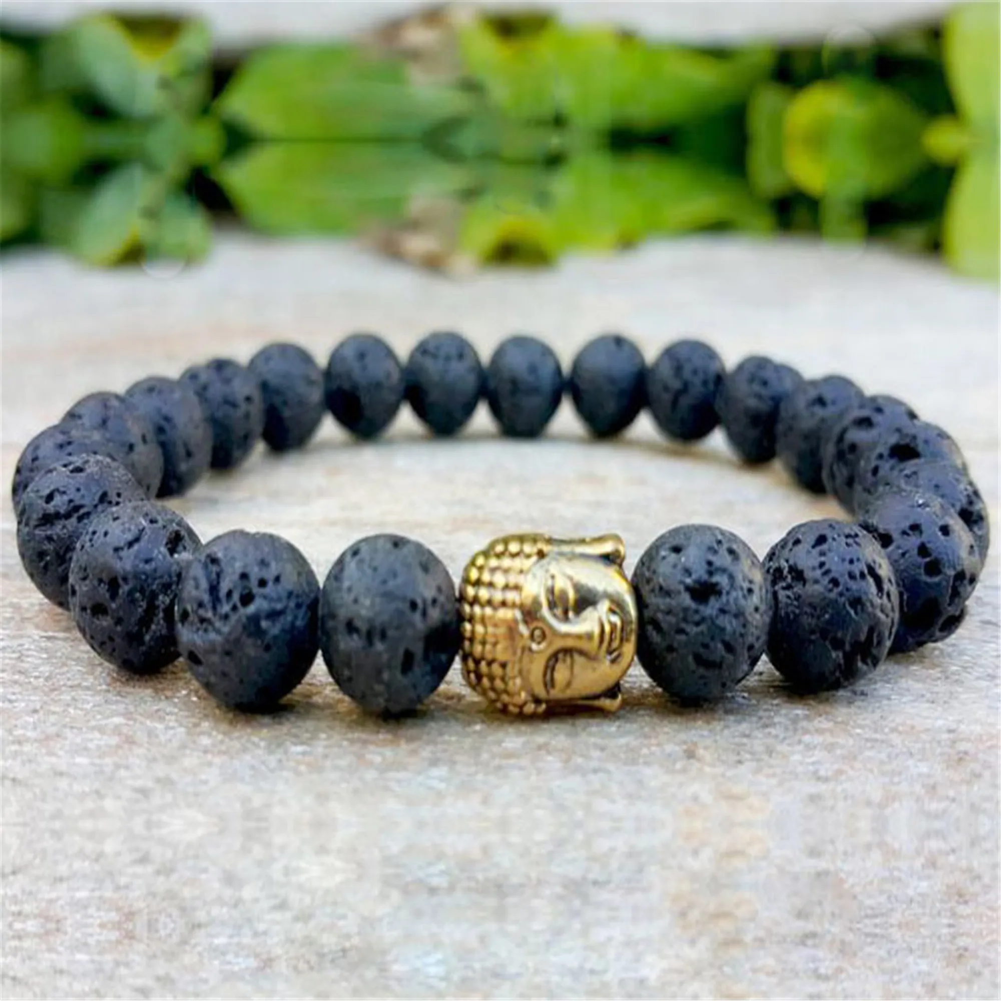 8mm Natural Lava Stone Buddha Bead Handmade Mala Bracelet Wrist Bless Fancy Stretchy Healing Chakas Reiki Yoga Pray Lucky Ruyi