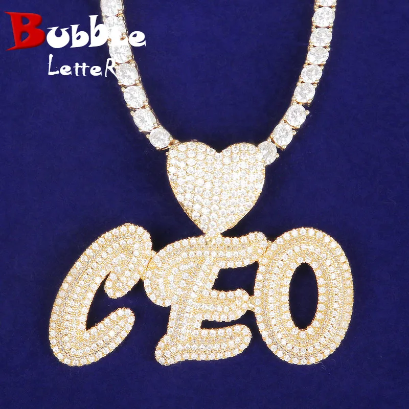 Bubble Letter Custom Name Necklace Personalized Pendant Gold Plated Cubic Zircon Hip Hop Rock Jewelry Iced  Out Charms