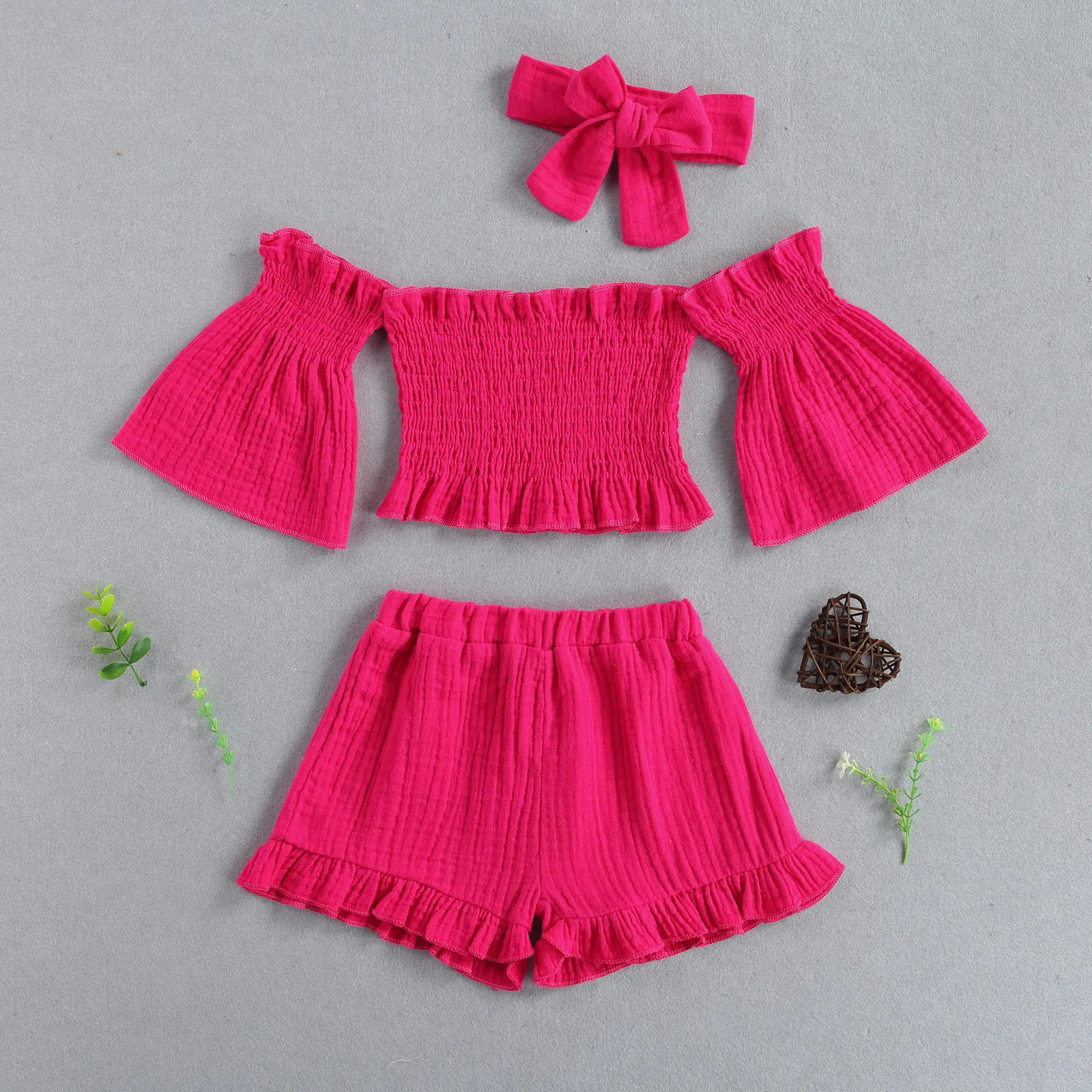 2021-02-27 Lioraitiin 3Pcs Set 1-6Years Toddler Baby Girl Summer Fashion Clothing Long Sleeve Solid Top Shirt Shorts Headband