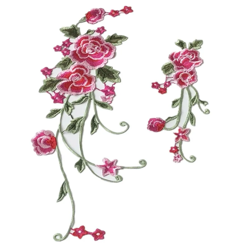 1Set Long Rose Peony Flower Patch Chinese Style Embroidery Patches Clothing Applique Sew  DIY Embroidered Stickers for Clothes