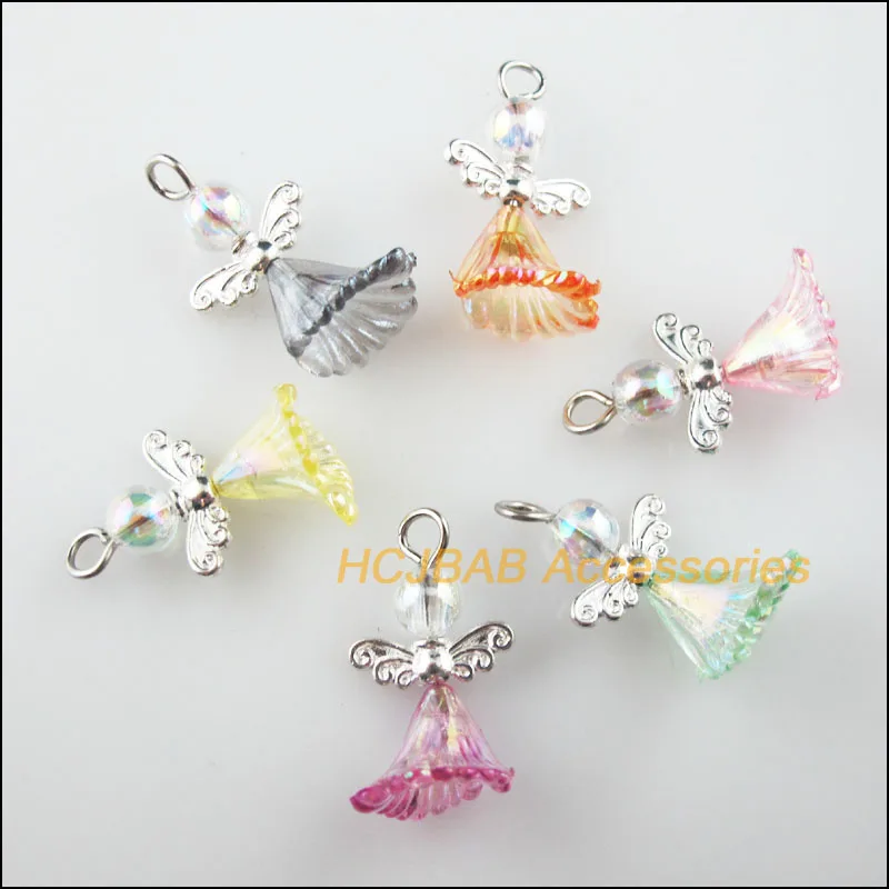 24New Dancing Angel Charms Silver Plated Wings Mixed Flower Pendants 14x24mm