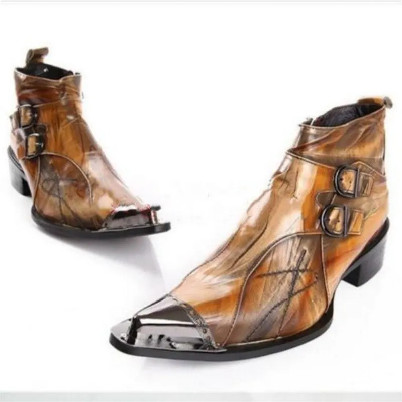 

Vintage Men's Pointed Toe Ankle Boots Black Patent Leather Double Buckle Western Cowboy Boot Casual Dress Shoes