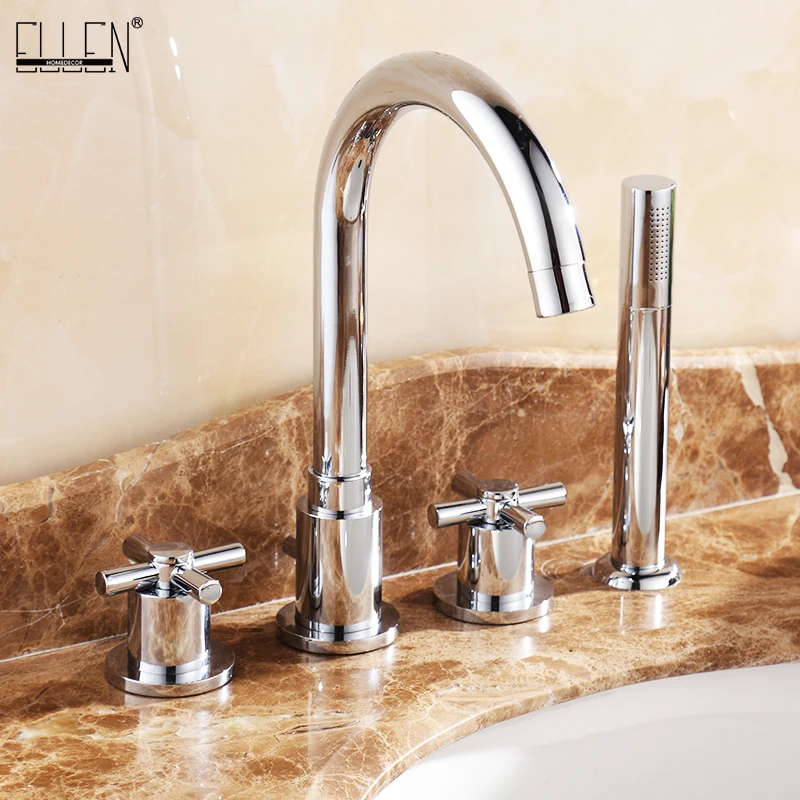 

ELLEN 5 Holes Deck Mounted Bathtub Faucets with Handshower Chrome Finished Dual Handles Hot Cold Water Mixer ELB103