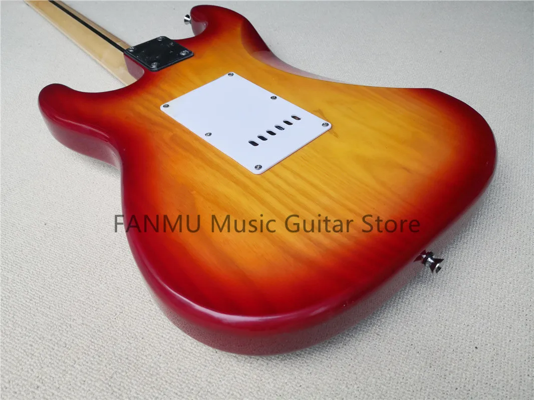 custom  6 string stra cherry sunburst guitar,ASH wood body,ssh pickups,tremolo bridge,pear pickguard,stars inlay