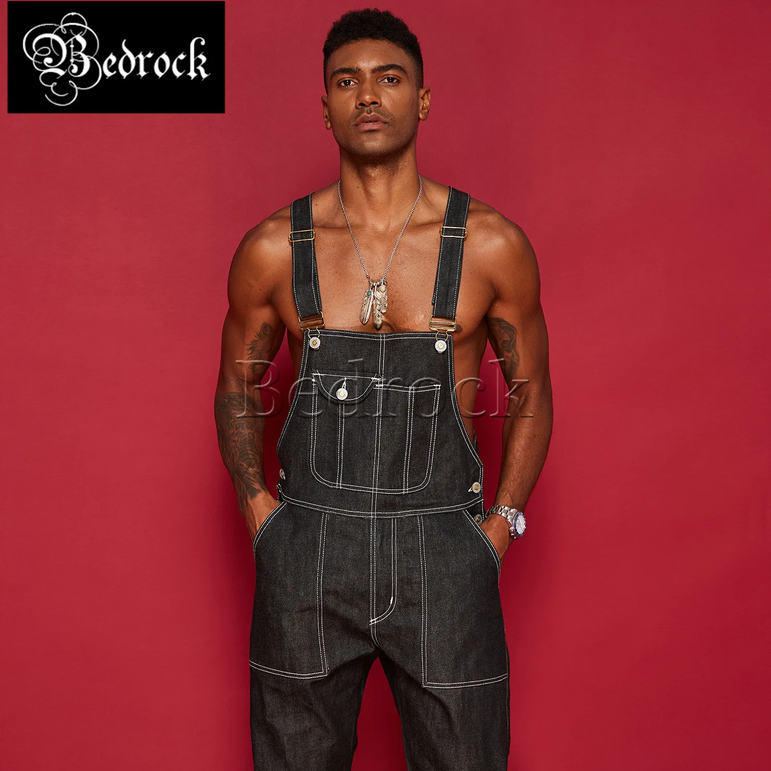 MBBCAR 13.5oz black overalls for men denim selvedge jeans worker's siamese bib one washed raw denim suspenders pants 707A